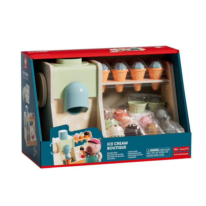 Wooden ice cream stall toy in a red box with a mint green dispenser, colorful scoops, and orange cones.