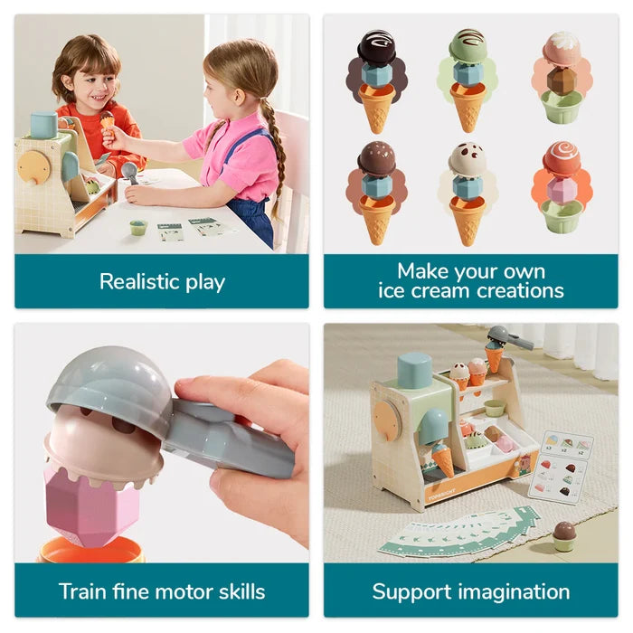 Children play with a wooden ice cream stand featuring colorful scoops, waffle cones, a grey scooper, and play money.