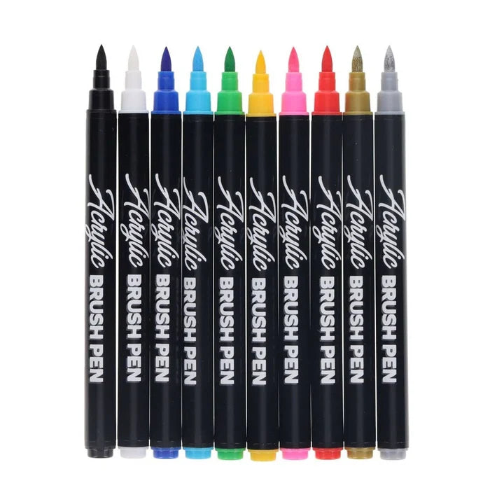 Ten black markers with "Acrylic BRUSH PEN" text and multicolored tips, lined up vertically against white.