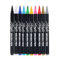 Ten black markers with "Acrylic BRUSH PEN" text and multicolored tips, lined up vertically against white.
