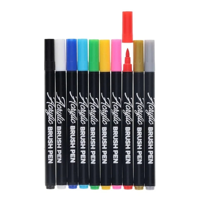 Ten acrylic brush pens with black barrels and colorful caps. One red pen is uncapped to show its pointed brush tip.