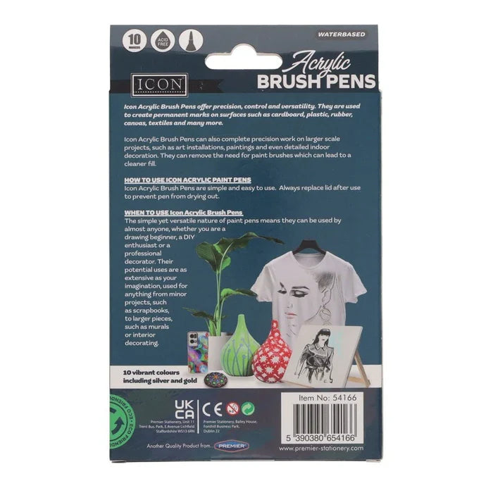 Back of black Icon Acrylic Brush Pens box showing product info and photos of a decorated shirt, vase, and canvas.