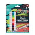 Set of 12 vibrant acrylic paint pens in a colorful box with examples of painted rocks and ceramics.