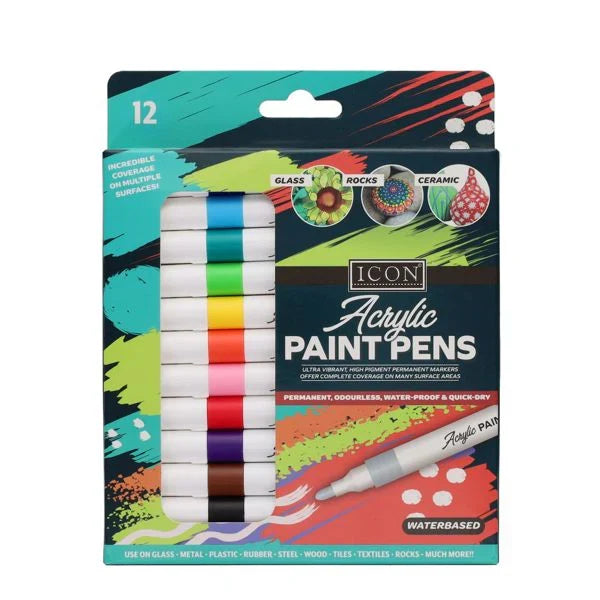 Set of 12 vibrant acrylic paint pens in a colorful box with examples of painted rocks and ceramics.