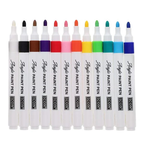 12 white paint pens with colored bullet tips and matching bands in rainbow, black, brown, and white shades.