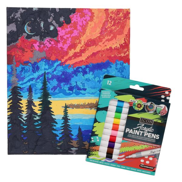 Icon Acrylic Paint Pens 12-pack next to a vibrant canvas painting of dark pine trees under a colorful, swirling sky.
