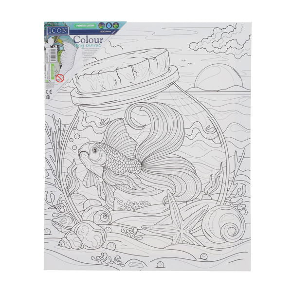 Black line art on a square canvas of a goldfish in a jar on a seabed with shells, a starfish, and a sunset.