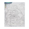 Black line art on a square canvas of a goldfish in a jar on a seabed with shells, a starfish, and a sunset.