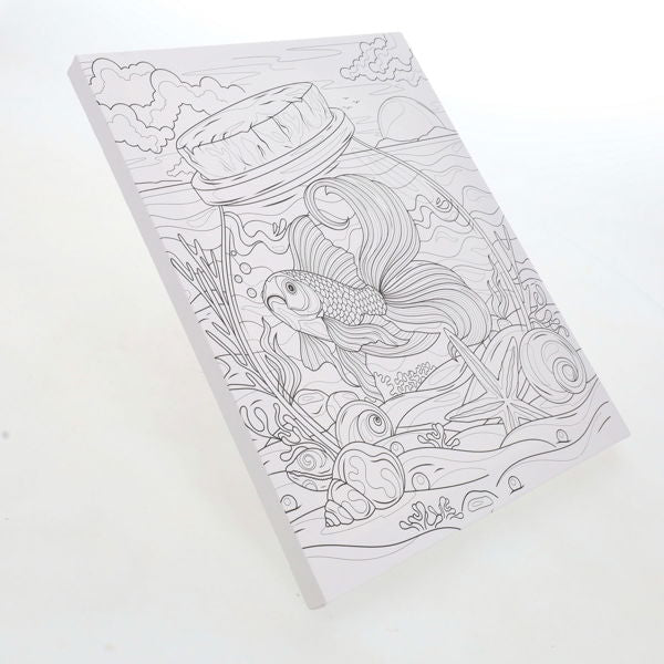 Line art drawing of a goldfish in a corked jar, seashells, and ocean waves on a rectangular white canvas.