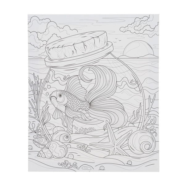 Black and white line art of a goldfish in a glass jar with seashells and an ocean sunset on a square canvas.