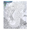 Intricate black and white line art of a patterned seahorse underwater on a white canvas, ready for painting.