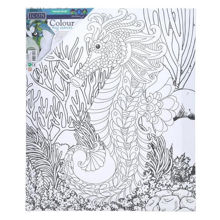 Intricate black and white line art of a patterned seahorse underwater on a white canvas, ready for painting.