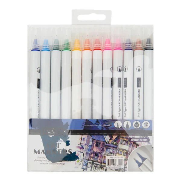 Set of 12 white dual-tip markers with colored caps in a clear plastic case featuring a city illustration label.