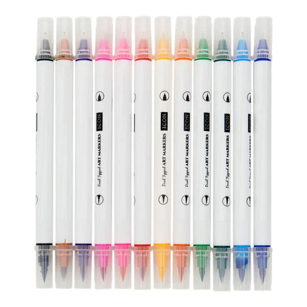 12 dual-tipped art markers in assorted colors with white barrels and clear caps, showing fine and broad tips.