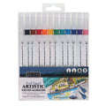 12 dual-tip markers with white barrels in rainbow colors, housed in a clear pack with a colorful scenic illustration.