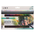 A box of 24 ICON Brush Stroke Artistic Pens showing a rainbow of nibs and an architectural illustration.