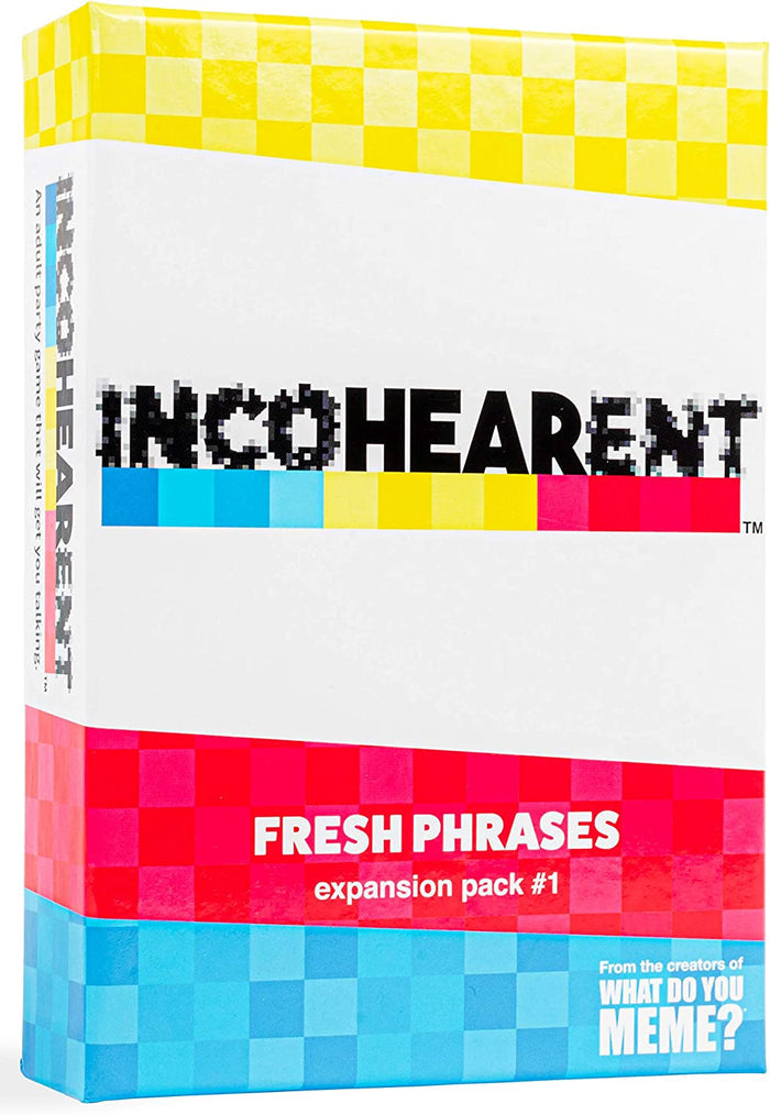 Rectangular white game box featuring yellow, pink, and blue checkerboard bands and pixelated black text.