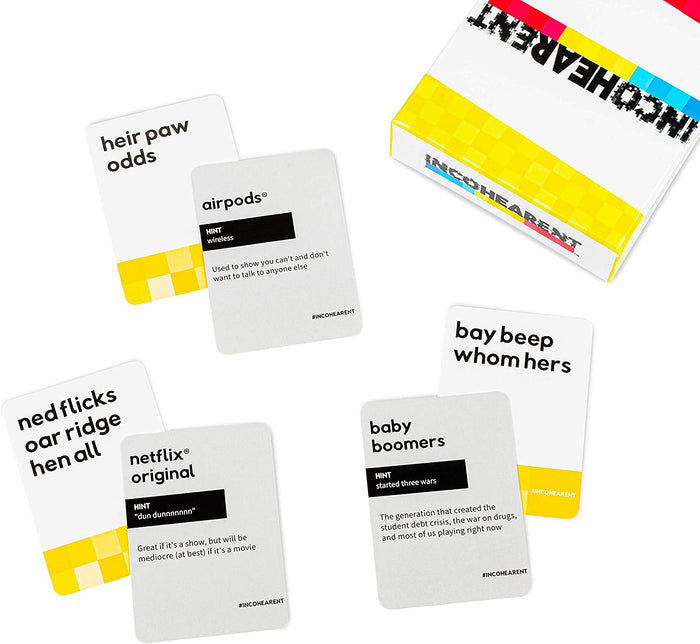 Yellow and white box and cards showing phonetic phrases like heir paw odds and bay beep whom hers.