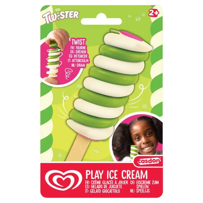 Twister play ice cream fidget toy with green and white spirals on a stick, shown in its retail packaging.