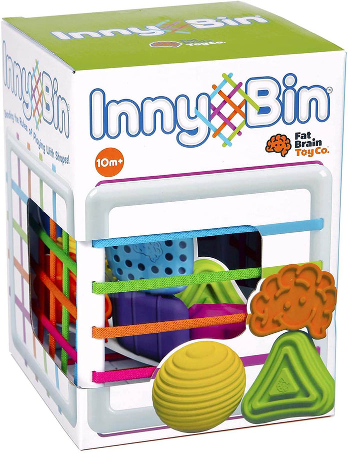 InnyBin box showing a white cube with rainbow elastic bands, textured shapes, and a 10m+ age recommendation.
