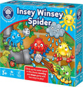 Box for Orchard Toys Insey Winsey Spider game featuring colourful spiders, a smiling sun, and weather-themed dice.