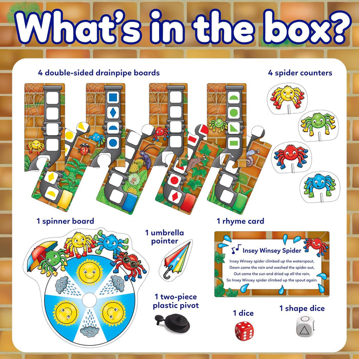 Colorful board game pieces: 4 drainpipe boards, spider counters, sun and rain spinner, two dice, and a rhyme card.