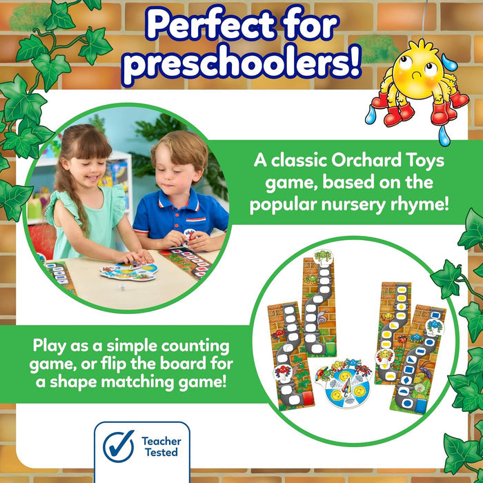 Children play a board game with vertical tracks and a spinner. Features a yellow spider on a brick and ivy background.
