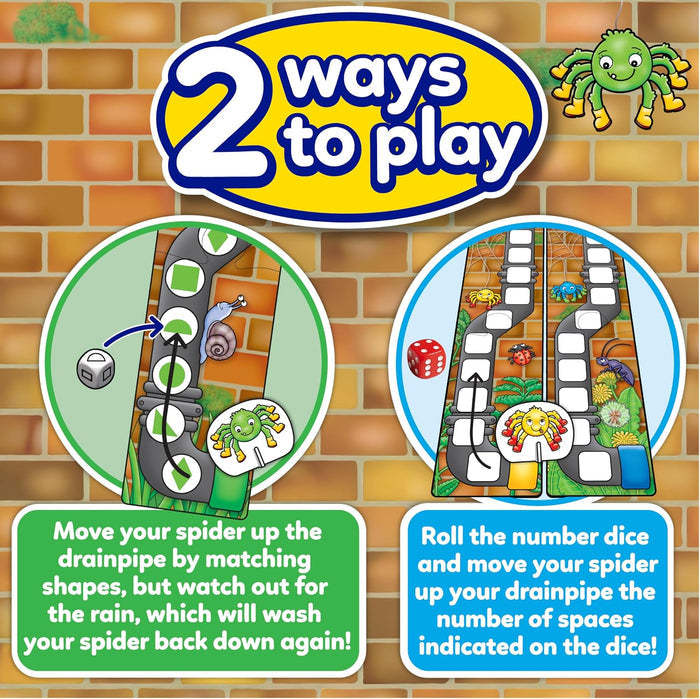 Graphic showing two ways to play: matching shapes or rolling a red die to move spider pieces up a drainpipe.