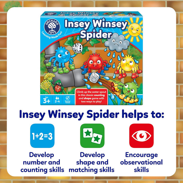 Game box with colorful spiders on a water spout. Icons below list number, shape, and observational skills.