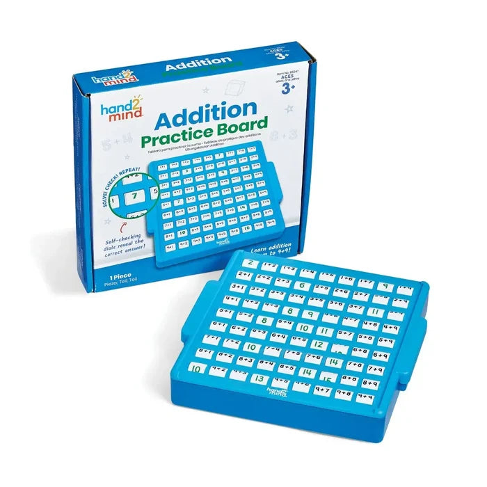 Blue addition practice boards with rotating white number dials, shown with their blue and white retail packaging.