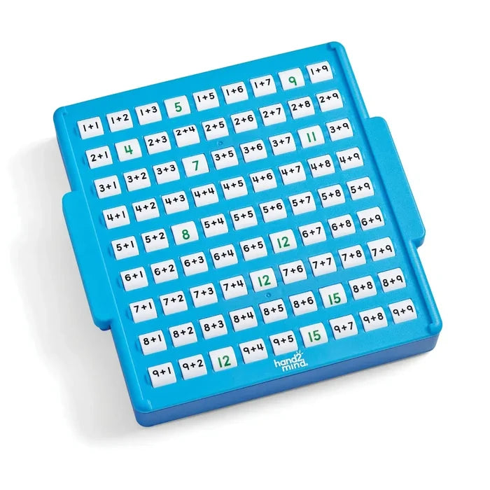 Blue addition board with white pressable buttons featuring math equations and numerical answers.