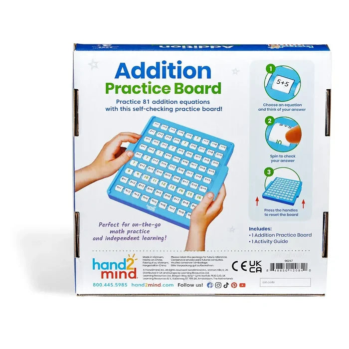 Back of box for a blue math board with 81 spinning tiles, showing hands-on use and instructional diagrams.