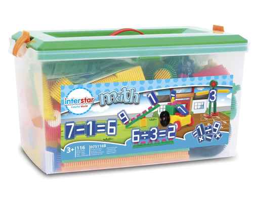 Clear plastic bin with green lid filled with colorful blocks. Label displays math equations and built toy structures.