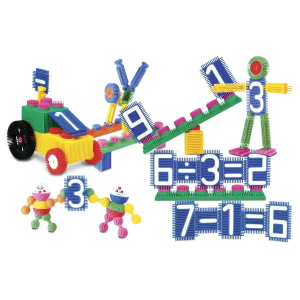 Colorful interlocking building blocks with numbers and symbols forming figures, a vehicle, and math equations.