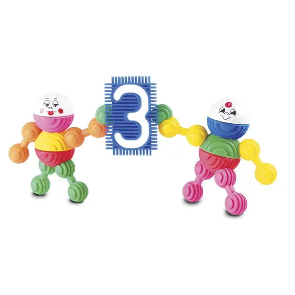 Two colorful figures made of interlocking textured pieces holding a blue tile with a white number 3.