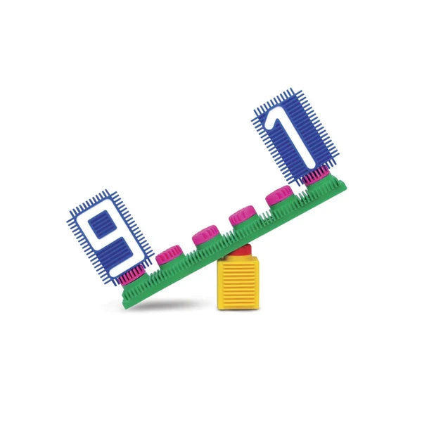 Toy math balance scale made of green, pink, and blue interlocking blocks with numbers 9 and 1 on a yellow base.