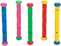 Five colorful textured diving sticks with rounded end caps in blue, pink, green, red, and yellow combinations.