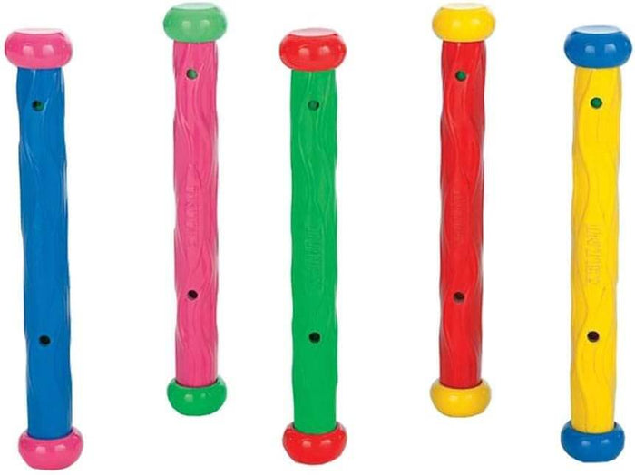 Five colorful textured diving sticks with rounded end caps in blue, pink, green, red, and yellow combinations.