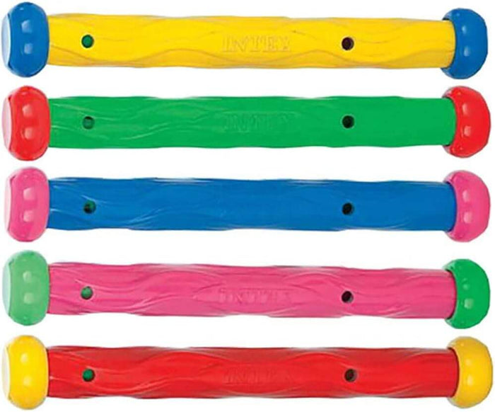 Five colorful, wavy textured diving sticks in yellow, green, blue, pink, and red with contrasting rounded end caps.