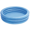 Round light blue inflatable kiddie pool featuring three stacked horizontal rings on a plain white background.