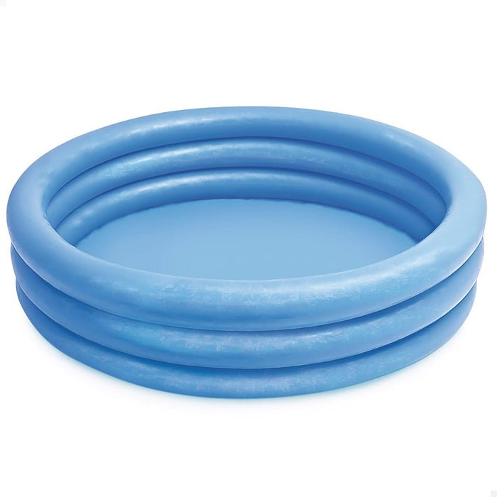 Round light blue inflatable kiddie pool featuring three stacked horizontal rings on a plain white background.