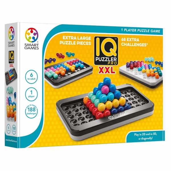 Yellow box for IQ Puzzler Pro XXL showing extra large colorful ball pieces in 2D and 3D patterns on puzzle boards.