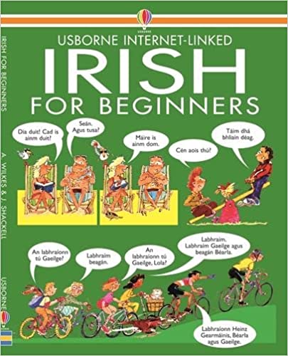 Green cover for Irish for Beginners book featuring cartoon characters in everyday scenes with Irish speech bubbles.