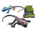 Blue and grey stretchy toy lizards with scaly skin and open mouths, next to a colorful retail display box.