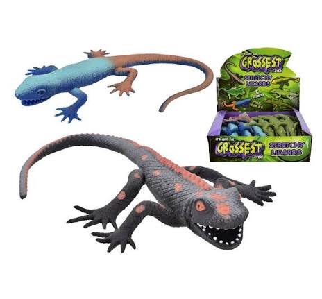 Blue and grey stretchy toy lizards with scaly skin and open mouths, next to a colorful retail display box.