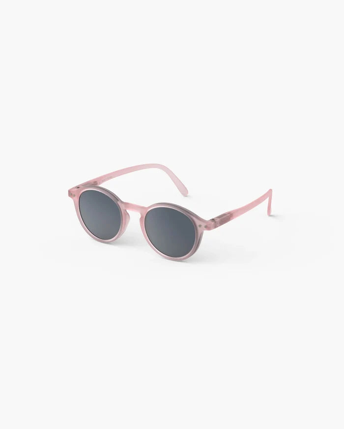 Round light pink frosted sunglasses for children with dark grey lenses and small silver rivet details.