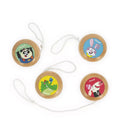 Four wooden yoyos with white strings and colorful animal illustrations of a panda, rabbit, crocodile, and dog.