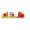 Colorful wooden pull-along train with a red engine, green wagons, vegetable characters, bunnies, and a chicken.