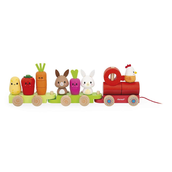 Colorful wooden pull-along train with a red engine, green wagons, vegetable characters, bunnies, and a chicken.