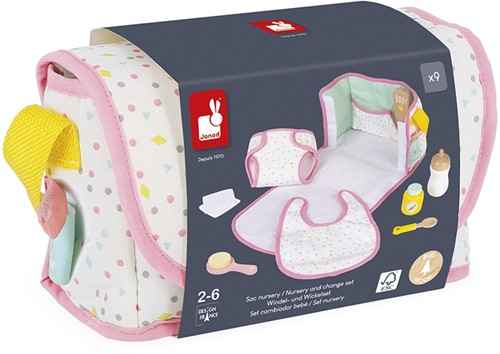 White polka-dot toy changing bag with pink trim and blue packaging showing illustrations of nine doll care accessories.